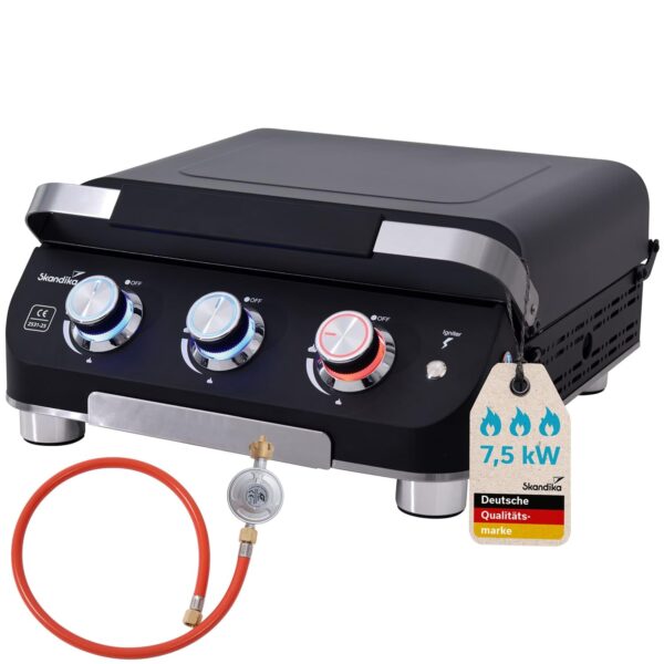 Skandika Palo 3-Brenner Plus Plancha Gasgrill mit Deckel und Kochplatte, für Outdoor, Camping & Balkon