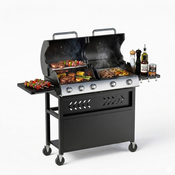 GarveeHome 5-Brenner Gasgrill & Plancha, 40.000 BTU, Gusseisenrost, für Garten & Balkon