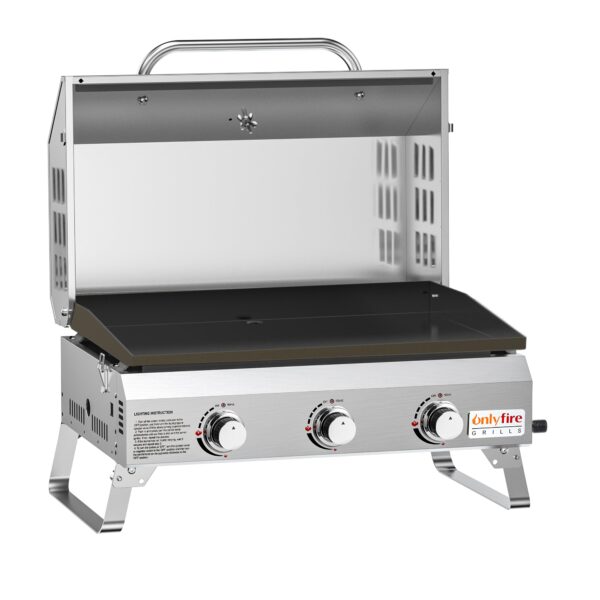 Onlyfire Tischgasgrill mit 3 Brennern, Edelstahl-Plancha, Deckel, Thermometer, Grillfläche 57×36 cm