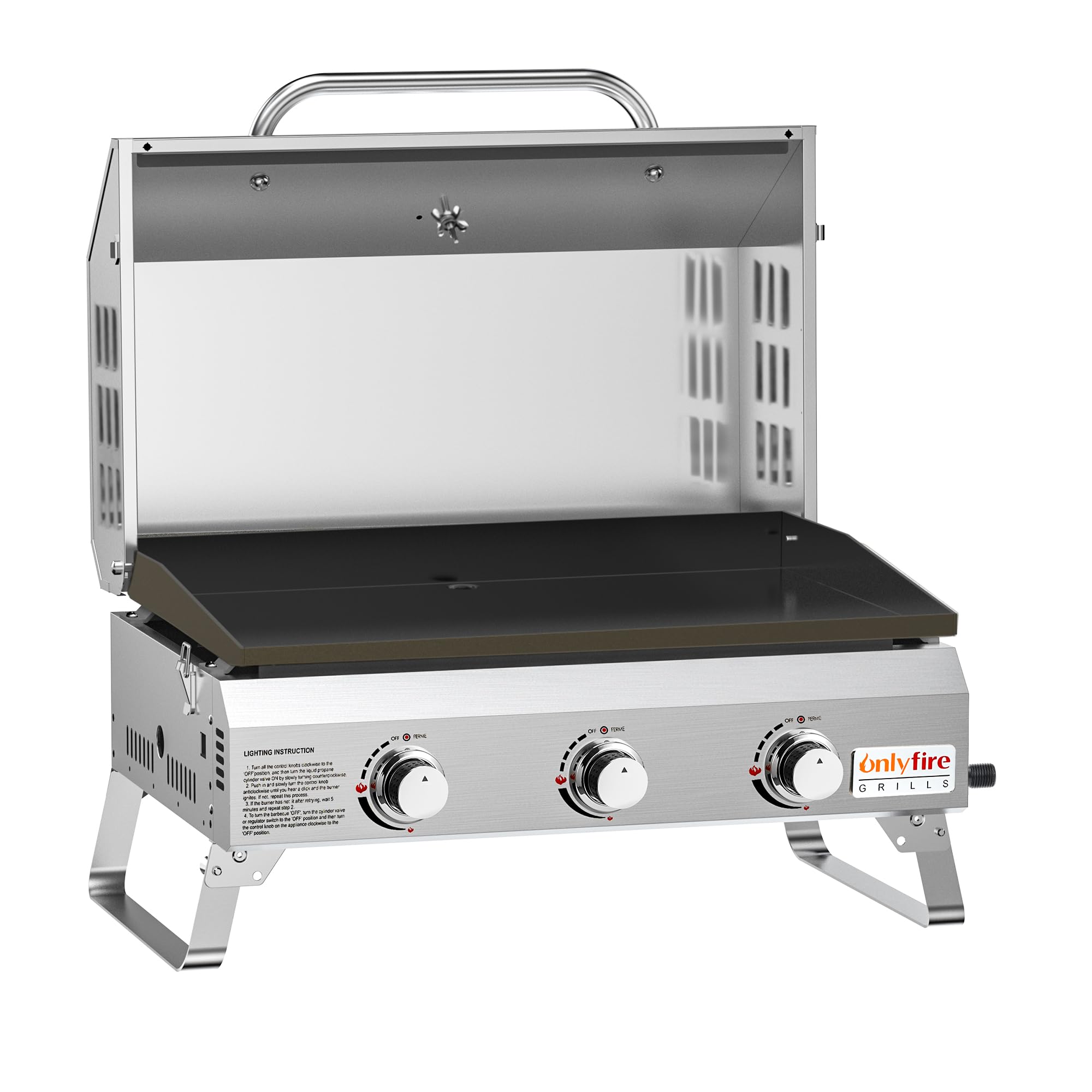 71KsAz3TvVL Onlyfire Tischgasgrill mit 3 Brennern, Edelstahl-Plancha, Deckel, Thermometer, Grillfläche 57×36 cm – Bild 1