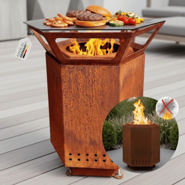 Terma 2IN1 Smofree 2.0 XXL Feuerstelle mit Feuerplatte, raucharm, 75×88 cm, Rost-Patina, Made in Germany