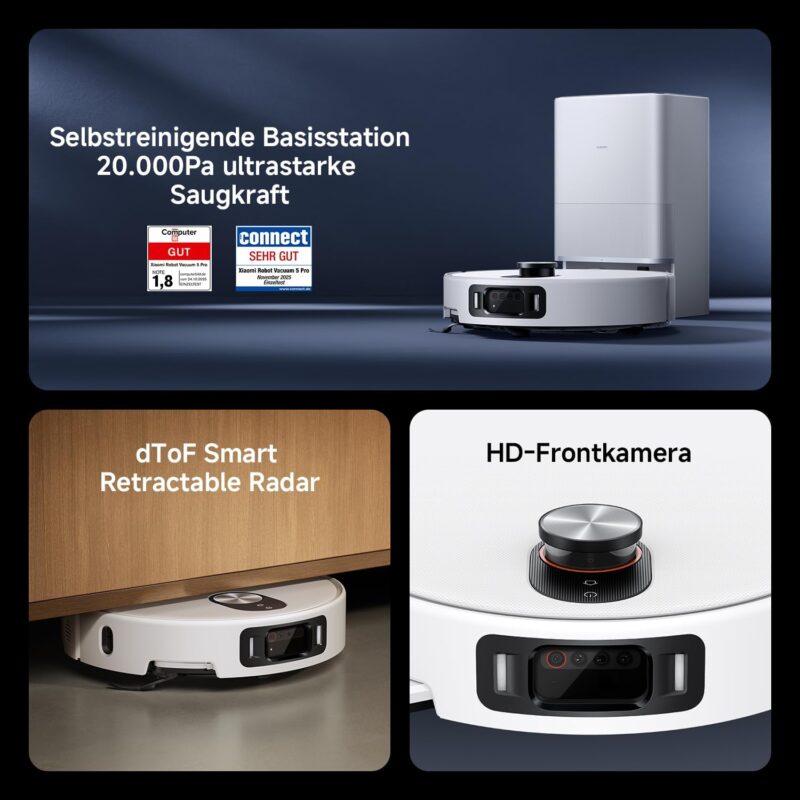 XIAOMI 5 Pro Saugroboter, Wischfunktion, 20.000 Pa, KI-Hindernisvermeidung