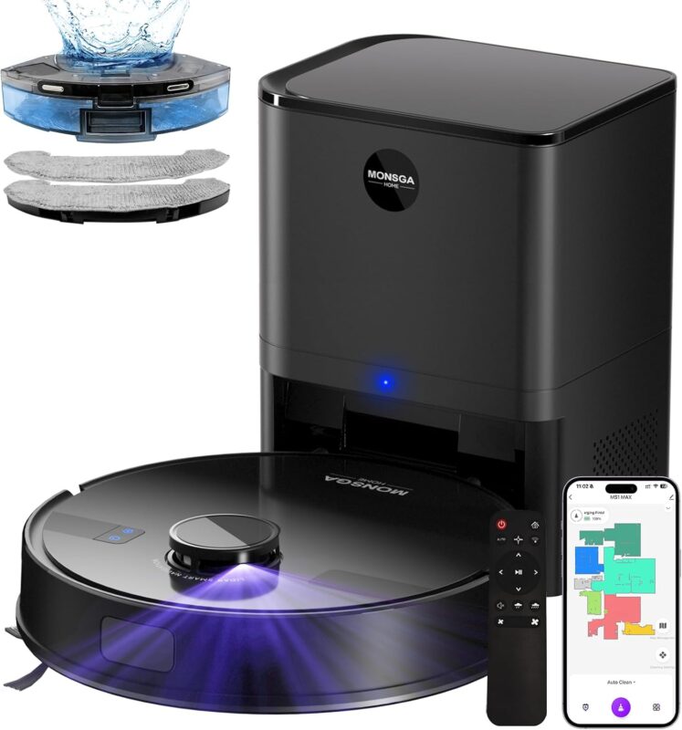 MONSGA Saugroboter mit Wischfunktion, 3.5L Staubsauger Roboter mit Absaugstation, 5000Pa Saugkraft, 180Min Laufzeit, LiDAR Navigation, Starke Saugkraft ideal für Teppich und Tierhaare, APP Steuerung