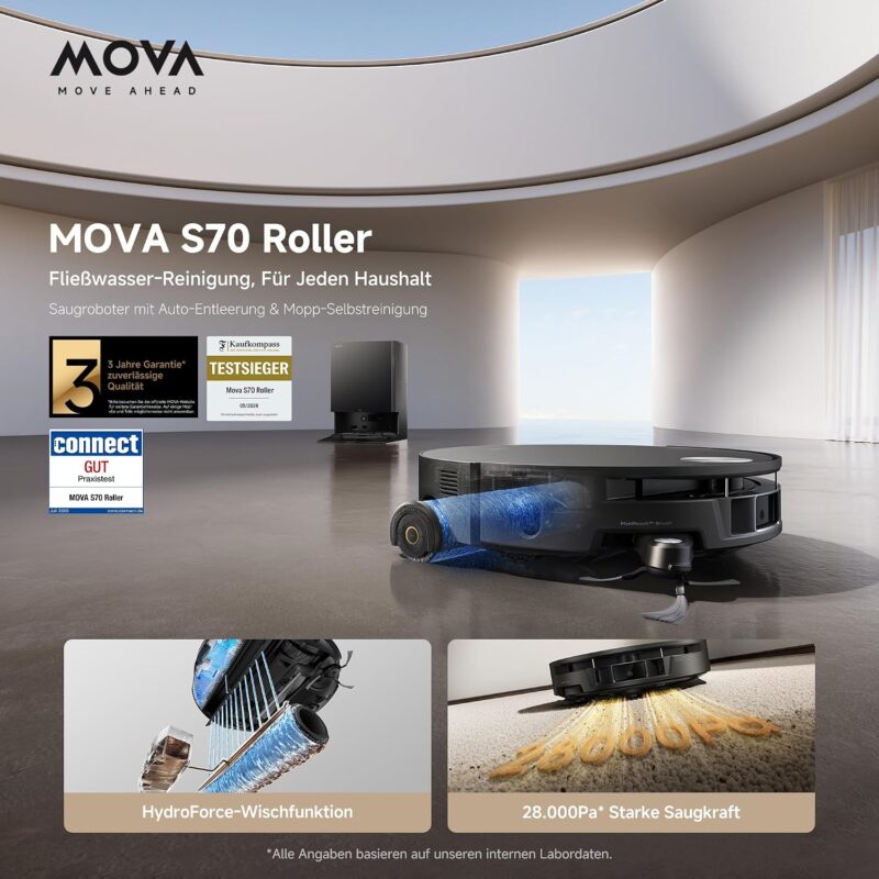 MOVA S70 Roller Saugroboter, 28.000Pa, 27cm-Roller Kantenreinigung Schwarz