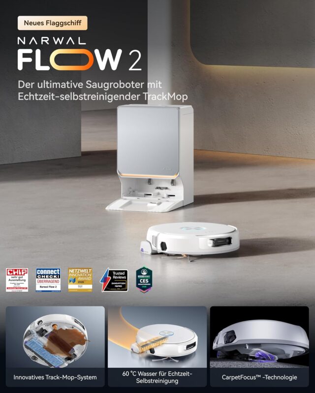 NARWAL Flow 2 Roboter-Saug-Wischroboter，Saugleistung von 31.000 Pa, Kombiniertes Kehren und Wischen, Reinigung mit 100 °C heißem Wasser und Heißlufttrocknung, selbstreinigende Ladestation (Weiß)